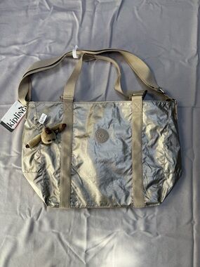 Kipling Metallic Gold Tote Bag with Beige Straps